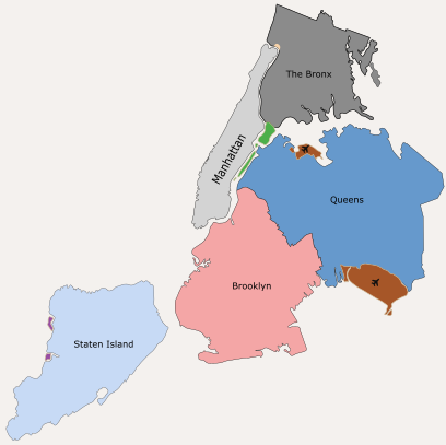 Map showing the 5 boroughs of NYC